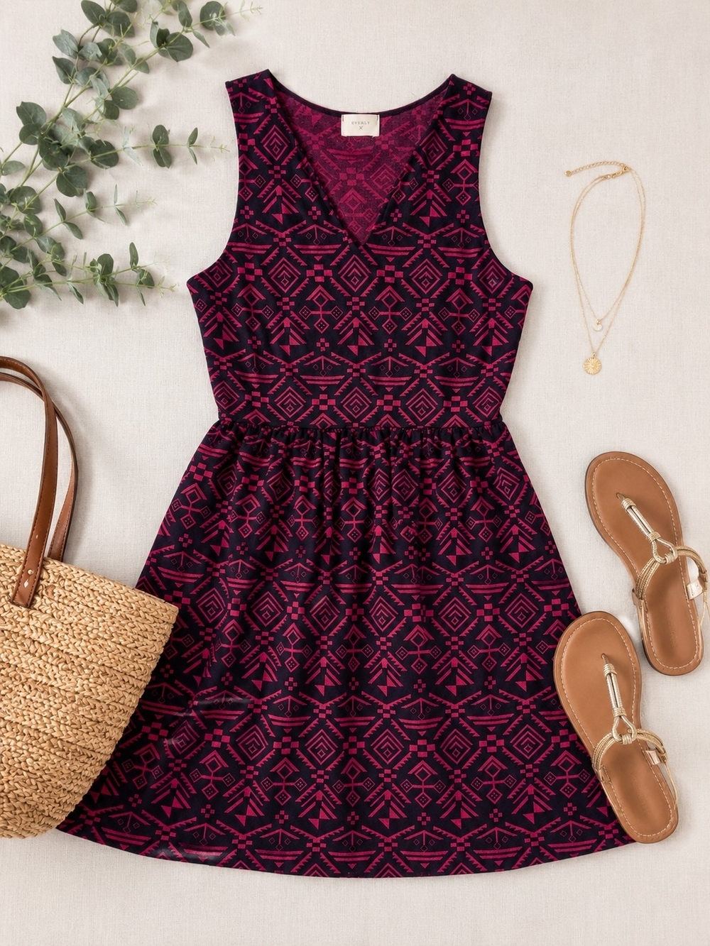 Everly Sleeveless V-Neck Geometric Print Dress in Magenta and Navy